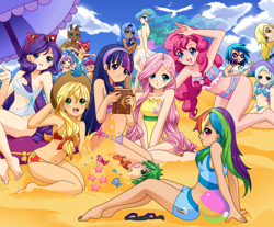 Size: 1896x1570 | Tagged: safe, artist:butterflywingies, artist:yokokinawa, apple bloom, applejack, derpy hooves, dj pon-3, fluttershy, pinkie pie, princess celestia, princess luna, rainbow dash, rarity, scootaloo, spike, sweetie belle, trixie, twilight sparkle, vinyl scratch, zecora, crab, human, seagull, collaboration, adorasexy, anime, barefoot, beach, beach ball, belly button, bicolor swimsuit, bikini, blue swimsuit, blushing, book, book of friendship, bow, bow swimsuit, breasts, buried in sand, cape, clothes, cloud, cute, cutie mark crusaders, cutie mark swimsuit, elements of harmony, everyone, eyes closed, feet, female, flag, frilled swimsuit, glasses, gray swimsuit, hair bow, hat, headphones, humanized, inflatable, jeweled swimsuit, looking at you, male, mane seven, mane six, mp3 player, o-ring swimsuit, one eye closed, one-piece swimsuit, open mouth, orange swimsuit, pink swimsuit, playing, purple swimsuit, royal sisters, sand, sandals, sandcastle, sarong, seashell, sexy, sitting, sky, smiling, striped swimsuit, swimsuit, tricolor swimsuit, trixie's cape, trixie's hat, umbrella, vacation, wall of tags, white swimsuit, wink, yellow swimsuit