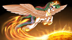 Size: 1920x1080 | Tagged: safe, artist:kittehkatbar, princess celestia, alicorn, pony, majestic, solo, space, sun, unshorn fetlocks