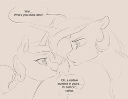 Size: 3300x2550 | Tagged: safe, artist:silfoe, derpibooru import, princess cadance, princess celestia, alicorn, pony, black and white, bust, dialogue, duo, female, grayscale, looking at each other, mare, monochrome, nomad au, royal multiverse, simple background, sketch, smiling, speech bubble, tan background
