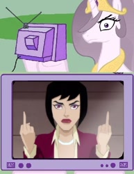 Size: 434x563 | Tagged: safe, princess celestia, alicorn, pony, dc comics, exploitable meme, lois lane, middle finger, princess molestia, superman, superman unbound, tv meme, vulgar