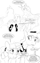 Size: 1980x3060 | Tagged: safe, artist:silfoe, derpibooru import, princess celestia, princess luna, twilight sparkle, twilight sparkle (alicorn), alicorn, pony, alicorn triarchy, black and white, both cutie marks, comic, crowd, dialogue, female, grayscale, lesbian, mare, monochrome, rear view, royal sisters, royal sketchbook, shipping, simple background, speech, speech bubble, twiluna, white background