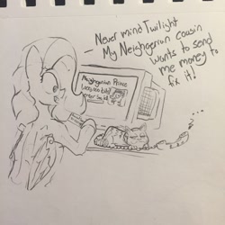 Size: 1280x1280 | Tagged: safe, artist:greyscaleart, derpibooru import, fluttershy, cat, pegasus, pony, computer, dialogue, female, grayscale, hoof hold, implied twilight sparkle, mare, monochrome, nigerian scam, phone, social security number, solo, telephone, traditional art
