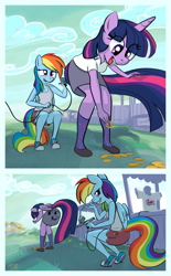 Size: 744x1200 | Tagged: safe, artist:1trick, derpibooru import, rainbow dash, twilight sparkle, anthro, plantigrade anthro, airbrush, bits, clothes, coin, converse, duo, eyes on the prize, grin, looking at something, looking at you, looking back, looking down, open mouth, prank, reaching, shoes, shorts, skirt, smiling, smirk, socks, squatting, tanktop