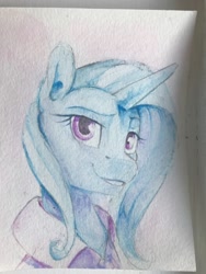 Size: 960x1280 | Tagged: safe, artist:silfoe, derpibooru import, trixie, pony, unicorn, bust, clothes, female, mare, portrait, smiling, solo, traditional art