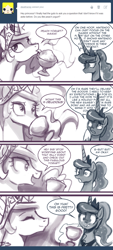 Size: 500x1108 | Tagged: safe, artist:johnjoseco, princess celestia, princess luna, alicorn, pony, ask princess molestia, comic, cute, e3, gamer luna, nintendo, ponytail, princess molestia, yogurt