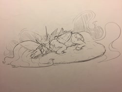 Size: 1280x960 | Tagged: safe, artist:greyscaleart, derpibooru import, princess celestia, princess luna, alicorn, pony, cuddling, cute, cutelestia, lunabetes, monochrome, royal sisters, sleeping, traditional art