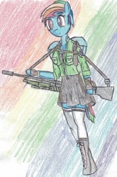 Size: 951x1445 | Tagged: safe, artist:sovietpone, derpibooru import, rainbow dash, anthro, female, gun, solo, traditional art, weapon