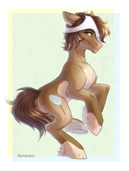 Size: 1024x1352 | Tagged: safe, artist:fenwaru, derpibooru import, oc, cutie mark, male, panties on head, simple background, solo, stallion