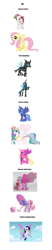 Size: 791x3772 | Tagged: safe, daisy dreams, fluttershy, princess cadance, princess celestia, princess luna, queen chrysalis, rarity, alicorn, changeling, changeling queen, pegasus, pony, unicorn, g4, alicorn wings, comparison, evolution of winged ponies, glimmer wings, ploomette, princess wings, raricorn, toy, wings