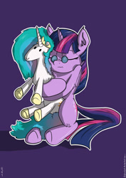 Size: 1024x1448 | Tagged: safe, artist:distoorted, princess celestia, twilight sparkle, alicorn, pony, filly, filly twilight sparkle, fluffy, glasses, hug, plushie, sleeping, sleepy