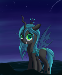 Size: 1834x2238 | Tagged: dead source, safe, artist:brok-enwings, derpibooru import, queen chrysalis, changeling, changeling queen, nymph, cute, cutealis, female, filly, filly queen chrysalis, foal, looking at you, night, open mouth, planet, sky, smiling, solo, space, stars, younger