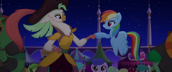 Size: 1920x804 | Tagged: safe, derpibooru import, screencap, boyle, captain celaeno, murdock, rainbow dash, anthro, parrot, pegasus, pony, my little pony: the movie, anthro with ponies, feather, fist bump, hat, hoofbump, official, parrot pirates, pirate, rainbow (song), song