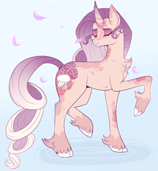 Size: 850x918 | Tagged: safe, artist:lulubell, derpibooru import, oc, oc only, oc:sumac spirit, pony, curved horn, flower petals, gradient mane, simple background, solo, windswept mane