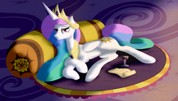 Size: 3692x2096 | Tagged: safe, artist:ookamithewolf1, princess celestia, alicorn, pony, drink, pillow, scroll, solo, wine, wine glass