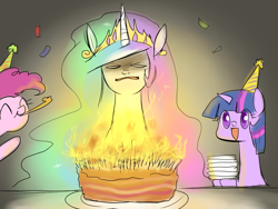 Size: 1000x750 | Tagged: safe, artist:yubi, pinkie pie, princess celestia, twilight sparkle, alicorn, earth pony, pony, birthday, birthday cake, cake, excalibur face, food, immortality blues, party