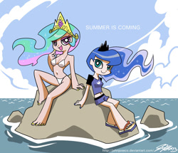 Size: 1000x860 | Tagged: safe, artist:johnjoseco, princess celestia, princess luna, human, bikini, clothes, cloud, female, humanized, looking at you, open mouth, panty and stocking with garterbelt, sandals, skinny, sky, smiling, style emulation, swimsuit, water