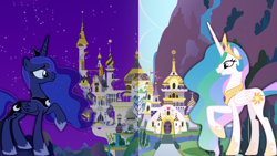 Size: 1920x1080 | Tagged: safe, artist:shawnyall, princess celestia, princess luna, alicorn, pony, canterlot, day, night, vector, wallpaper