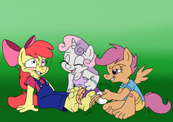 Size: 800x565 | Tagged: safe, artist:ced75, artist:kuroi-wolf, apple bloom, scootaloo, sweetie belle, anthro, plantigrade anthro, barefoot, cutie mark crusaders, feet, fetish, foot fetish, tickling, toes