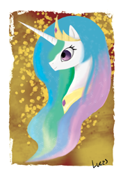 Size: 496x702 | Tagged: safe, artist:lucascvlcnt, princess celestia, alicorn, pony, bust, crown, female, horn, mare, multicolored mane, solo, white coat