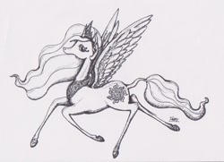 Size: 900x650 | Tagged: safe, artist:hucklebunny, princess celestia, alicorn, pony, monochrome, solo, traditional art