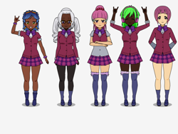 Size: 800x600 | Tagged: safe, artist:icey-wicey-1517 kisekae, indigo zap, lemon zest, sour sweet, sugarcoat, sunny flare, equestria girls, friendship games, arm behind back, clothes, crossed arms, dark skin, devil horn (gesture), ear piercing, earring, eyes closed, female, glasses, goggles, headphones, humanized, jewelry, kisekae, light skin, piercing, pigtails, plaid, pleated skirt, ponytail, shadow five, shoes, simple background, skirt, socks, stockings, thigh highs, white background, zettai ryouiki