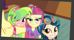 Size: 1024x562 | Tagged: safe, artist:lisakiri, indigo zap, lemon zest, sour sweet, equestria girls, friendship games, selfie, watermark