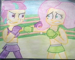 Size: 1024x823 | Tagged: safe, artist:toyminator900, fluttershy, sour sweet, equestria girls, friendship games, spoiler:the accompanied, belly button, boxing, clothes, exeron fighters, fingerless gloves, gloves, martial arts, midriff, skirt, sports bra