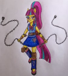 Size: 2036x2277 | Tagged: safe, artist:bozzerkazooers, sour sweet, equestria girls, chains, ponied up, solo, traditional art, weapon