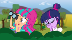 Size: 1366x768 | Tagged: safe, artist:amante56, sci-twi, sour sweet, twilight sparkle, equestria girls, friendship games, binoculars, fan animation, wondercolt archers (animation)