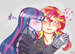Size: 1000x722 | Tagged: dead source, safe, artist:deadiifoozgo, sunset shimmer, twilight sparkle, equestria girls, blushing, female, heart, humanized, kissing, lesbian, love, pony coloring, shipping, sunsetsparkle