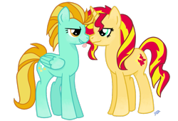 Size: 941x638 | Tagged: safe, artist:mustachioedraws, lightning dust, sunset shimmer, pegasus, pony, unicorn, female, lesbian, lightningshimmer, shipping