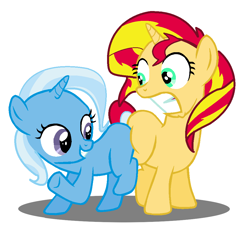 Size: 1018x934 | Tagged: safe, artist:jcking101, edit, sunset shimmer, trixie, pony, butt bump, butt to butt, butt touch, female, filly, filly sunset shimmer, filly trixie, lesbian, shipping, suntrix