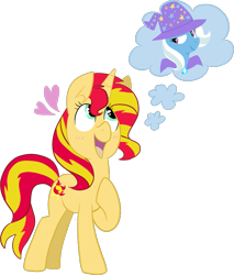 Size: 767x900 | Tagged: safe, artist:deerspit, sunset shimmer, trixie, pony, female, heart, lesbian, shipping, suntrix