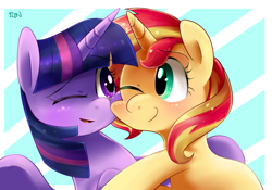 Size: 1000x700 | Tagged: safe, artist:sion-ara, sunset shimmer, twilight sparkle, twilight sparkle (alicorn), alicorn, pony, female, lesbian, mare, shipping, smiling, sunsetsparkle, wink