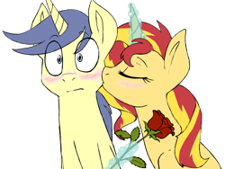 Size: 1024x768 | Tagged: safe, artist:hansuoddie, comet tail, sunset shimmer, pony, unicorn, cometshimmer, flower, kissing, magic, shipping