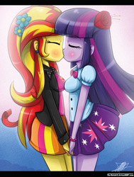 Size: 823x1086 | Tagged: safe, artist:the-butch-x, sunset shimmer, twilight sparkle, equestria girls, cute, ear piercing, earring, female, flower in hair, holding hands, jewelry, kissing, lesbian, piercing, shimmerbetes, shipping, sunsetsparkle, twiabetes