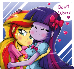 Size: 850x803 | Tagged: safe, artist:the-butch-x, sunset shimmer, twilight sparkle, equestria girls, blushing, bow, breasts, crying, cute, eyes closed, female, forgiveness, frown, heart, heartwarming, hug, lesbian, moon, sad, shimmerbetes, shipping, smiling, sunsetsparkle, sweet dreams fuel