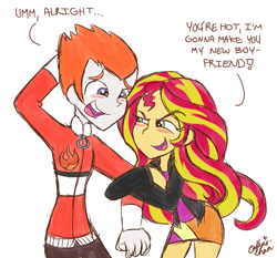 Size: 1209x1126 | Tagged: safe, artist:callyie-chan, heath burns, sunset shimmer, equestria girls, background human, shipping
