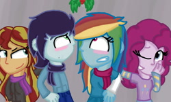 Size: 800x480 | Tagged: safe, artist:imtailsthefoxfan, pinkie pie, rainbow dash, soarin', sunset shimmer, equestria girls, clothes, female, holly, holly mistaken for mistletoe, male, scarf, shipping, soarindash, straight