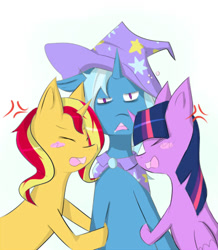 Size: 435x500 | Tagged: safe, artist:hannia-san, sunset shimmer, trixie, twilight sparkle, twilight sparkle (alicorn), alicorn, pony, blushing, cape, clothes, confused, counterparts, female, hat, lesbian, magical trio, mare, shipping, suntrix, trixie's cape, trixie's hat, twilight's counterparts, twixie