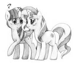 Size: 2635x2244 | Tagged: safe, artist:awengrocks, sunset shimmer, twilight sparkle, twilight sparkle (alicorn), alicorn, pony, unicorn, blushing, female, grayscale, lesbian, love, monochrome, shipping, sunsetsparkle