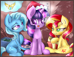 Size: 4850x3750 | Tagged: safe, artist:kyodashiro, sunset shimmer, trixie, twilight sparkle, alicorn, pony, unicorn, angry, atryl-ish, book, christmas, christmas tree, colored pupils, counterparts, cute, diatrixes, female, frown, glare, grin, hat, holiday, lesbian, magical trio, open mouth, present, santa hat, shimmerbetes, shipping, sitting, smiling, style emulation, tree, twiabetes, twilight's counterparts, twixie