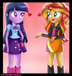 Size: 1381x1473 | Tagged: safe, artist:vixelzf, sunset shimmer, twilight sparkle, twilight sparkle (alicorn), equestria girls, clothes, cute, female, heart, jacket, leather jacket, lesbian, shipping, skirt, sunsetsparkle