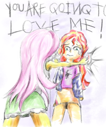 Size: 928x1110 | Tagged: safe, artist:trixsun, fluttershy, sunset shimmer, equestria girls, female, flutterrage, lesbian, shipping, sunshyne, you're going to love me