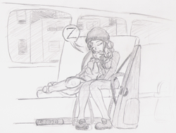 Size: 1727x1307 | Tagged: safe, artist:wryte, sonata dusk, sunset shimmer, alternate hairstyle, beanie, braided ponytail, bus, casio, female, grayscale, guitar, hat, head on shoulder, keyboard, lesbian, monochrome, musical instrument, not sure if shipping, shipping, sleeping, snoring, snuggling, sunata, traditional art, z