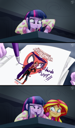 Size: 1920x3272 | Tagged: safe, artist:ponut_joe edit, edit, sunset shimmer, twilight sparkle, twilight sparkle (alicorn), equestria girls, blushing, crossover, crossover shipping, husbando thief, meme, mouth drawing, mouth hold, no hooves, paper, pen, peter parker, scene interpretation, shipping, spider-man, spidertwi, twilight's mouth art