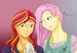 Size: 2000x1400 | Tagged: safe, artist:chiweee, fluttershy, sunset shimmer, rabbit, equestria girls, cute, female, lesbian, shimmerbetes, shipping, sunshyne