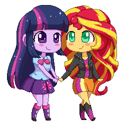 Size: 250x250 | Tagged: safe, artist:riouku, sunset shimmer, twilight sparkle, equestria girls, blushing, chibi, clothes, cute, female, holding hands, lesbian, pixel art, shimmerbetes, shipping, skirt, sunsetsparkle, twiabetes