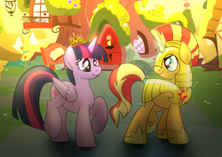 Size: 1500x1063 | Tagged: safe, artist:drawponies, sunset shimmer, twilight sparkle, twilight sparkle (alicorn), alicorn, pony, unicorn, equestria girls, armor, commission, crown, cute, digital art, female, golden oaks library, lesbian, royal guard, shipping, smiling, sunlight, sunsetsparkle, tiara