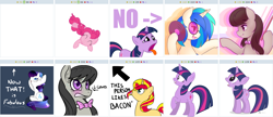 Size: 1280x551 | Tagged: safe, derpibooru import, dj pon-3, octavia melody, pinkie pie, rarity, sunset shimmer, twilight sparkle, twilight sparkle (alicorn), vinyl scratch, alicorn, earth pony, pony, unicorn, derpibooru, exploitable meme, female, juxtaposition, juxtaposition win, lesbian, meme, meta, scratchtavia, shipping, sunsetpie